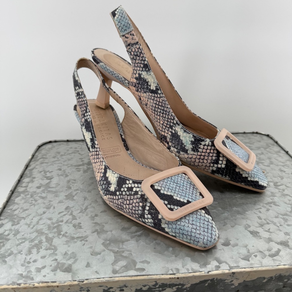Hispanitas Snakeskin Print Slingback Kitten Heels Blue Pink Buckle Size 38 Spain